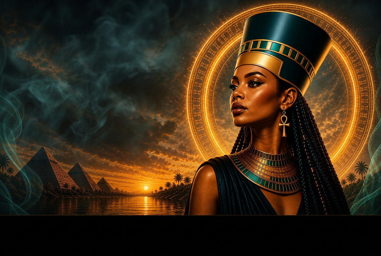Royal Sphinx Egyptian queen with pyramids and golden hieroglyph ring